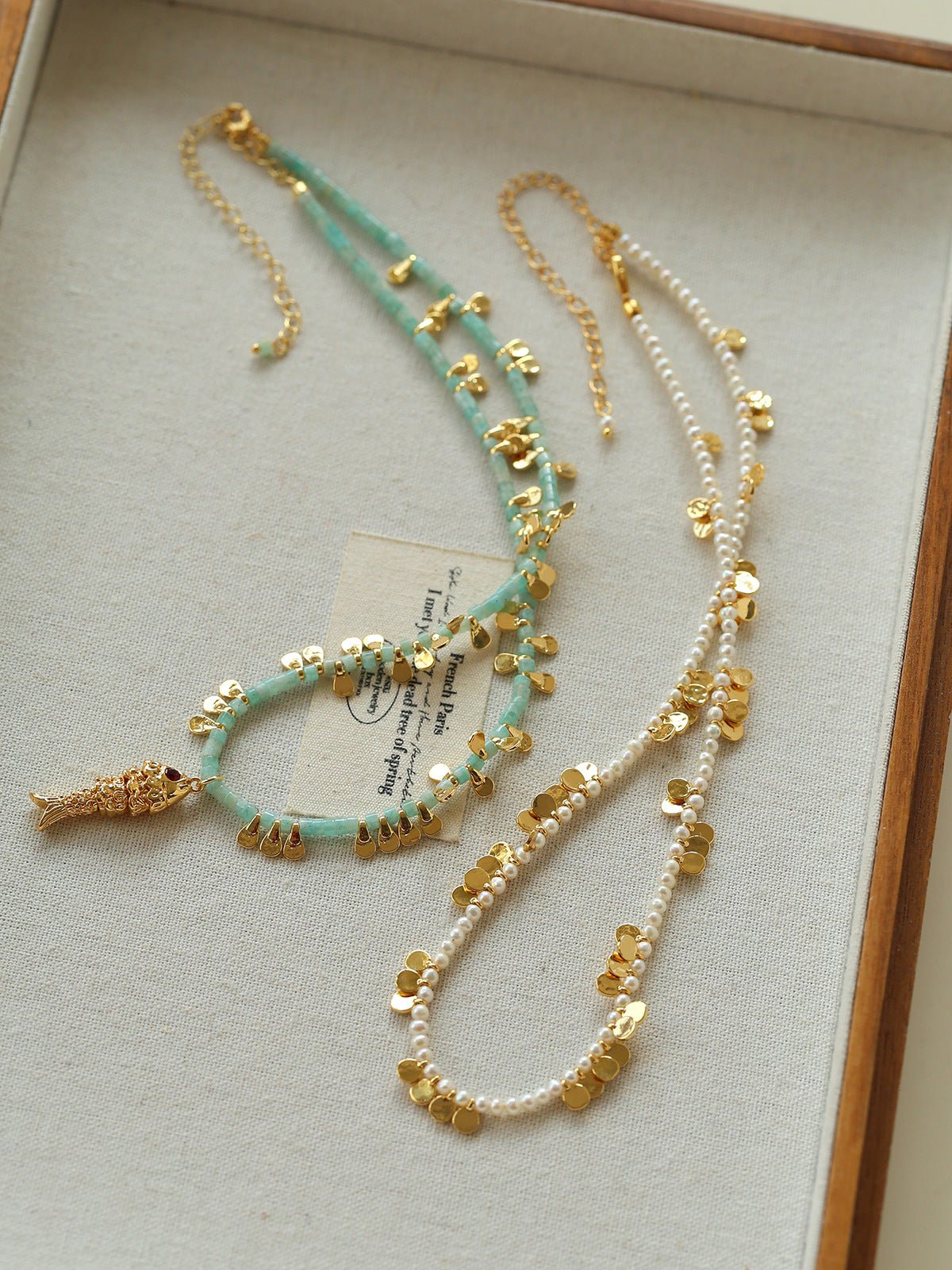 Bohemian Fish Necklace – Green Stone & Pearl Layered - floysun