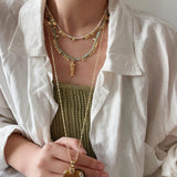 Bohemian Fish Necklace – Green Stone & Pearl Layered - floysun