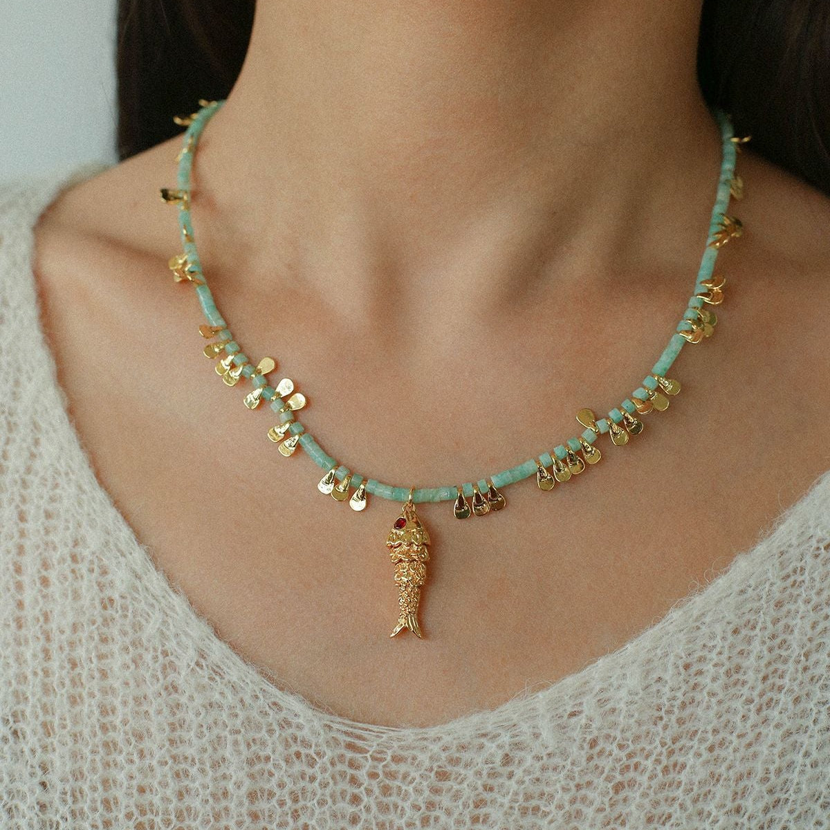 Bohemian Fish Necklace – Green Stone & Pearl Layered - floysun