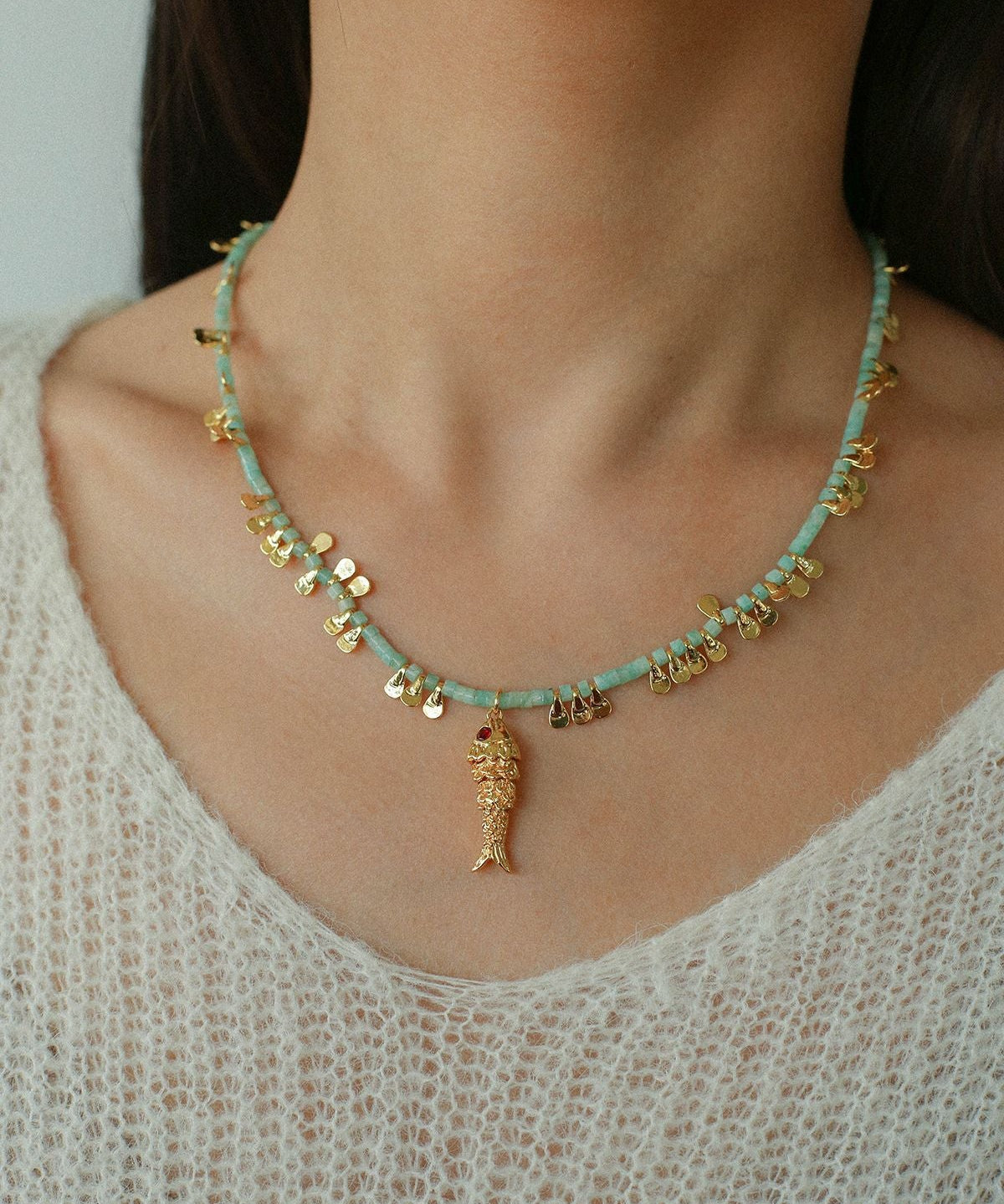 Bohemian Fish Necklace – Green Stone & Pearl Layered - floysun