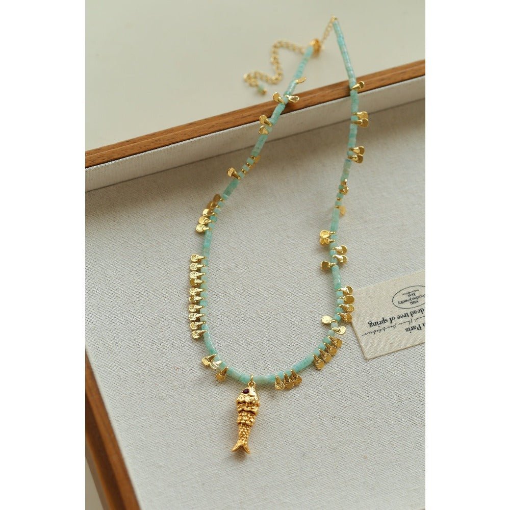 Bohemian Fish Necklace – Green Stone & Pearl Layered - floysun