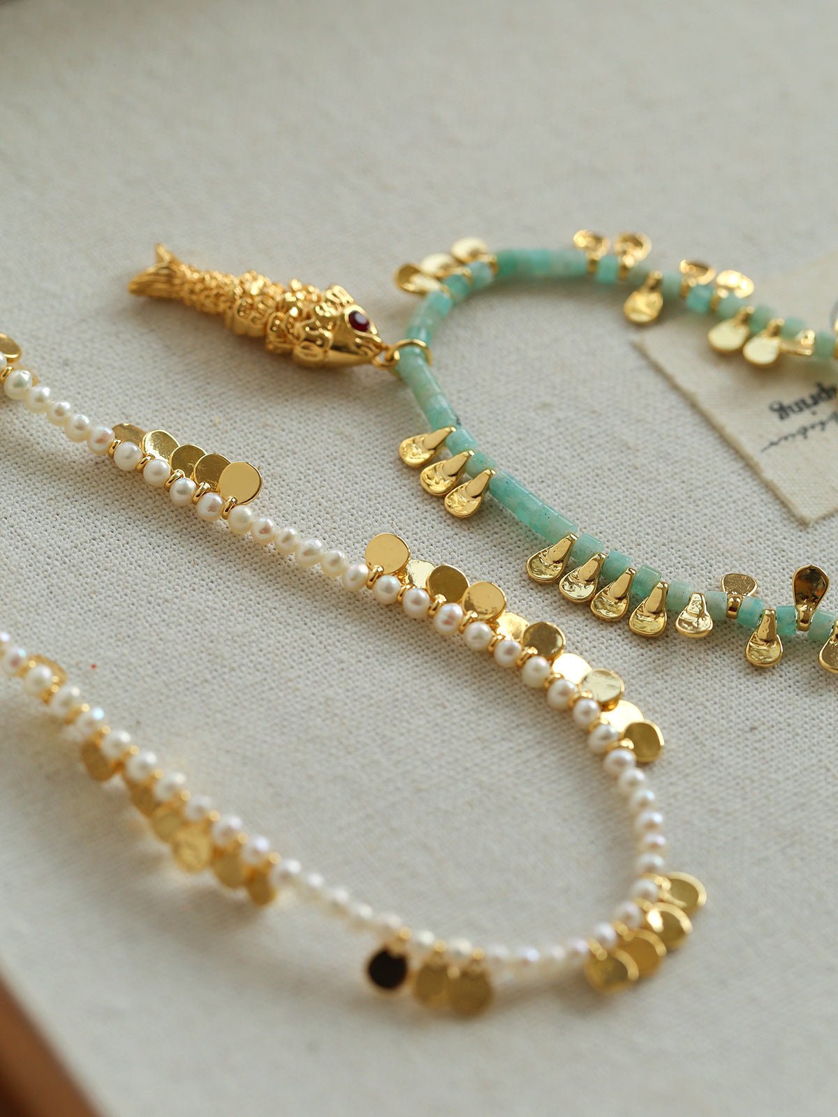 Bohemian Fish Necklace – Green Stone & Pearl Layered - floysun