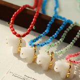 Bohemian Leaping Horse Collection White Jade Carved Horse Pendant Beaded Necklace - floysun