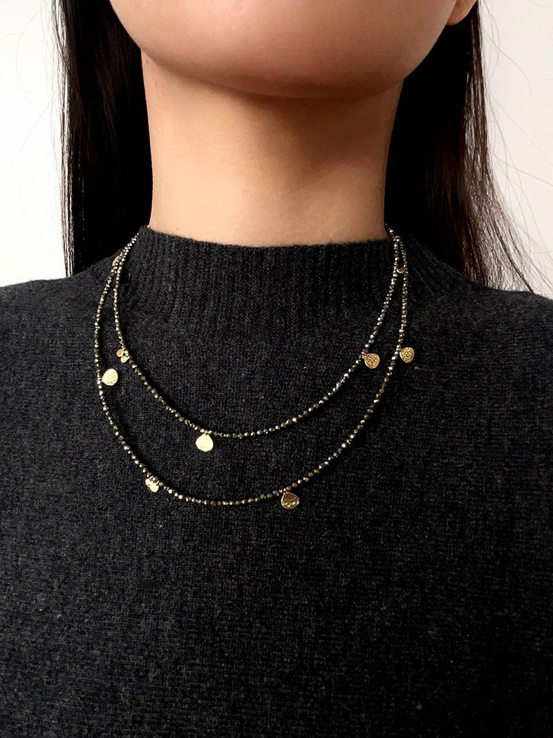 Bohemian Pyrite Long Necklace with Irregular Coin Accents - floysun