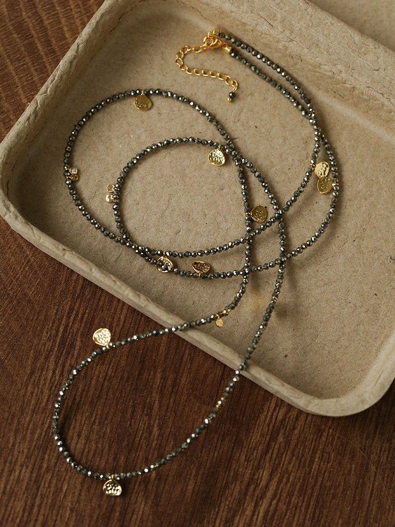 Bohemian Pyrite Long Necklace with Irregular Coin Accents - floysun