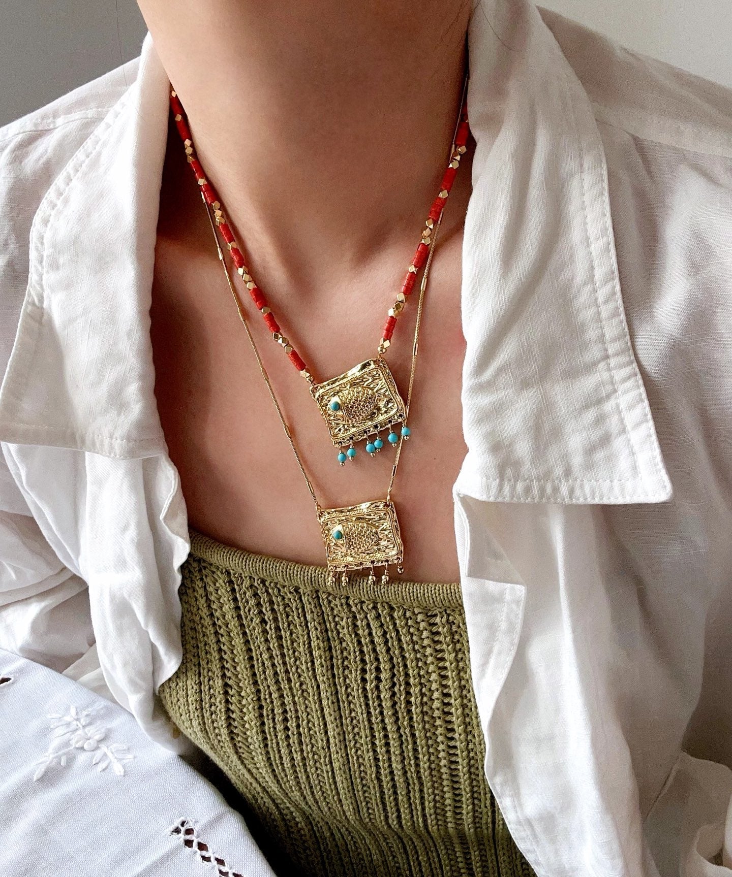 Bohemian Red Beaded Fish Necklace - floysun