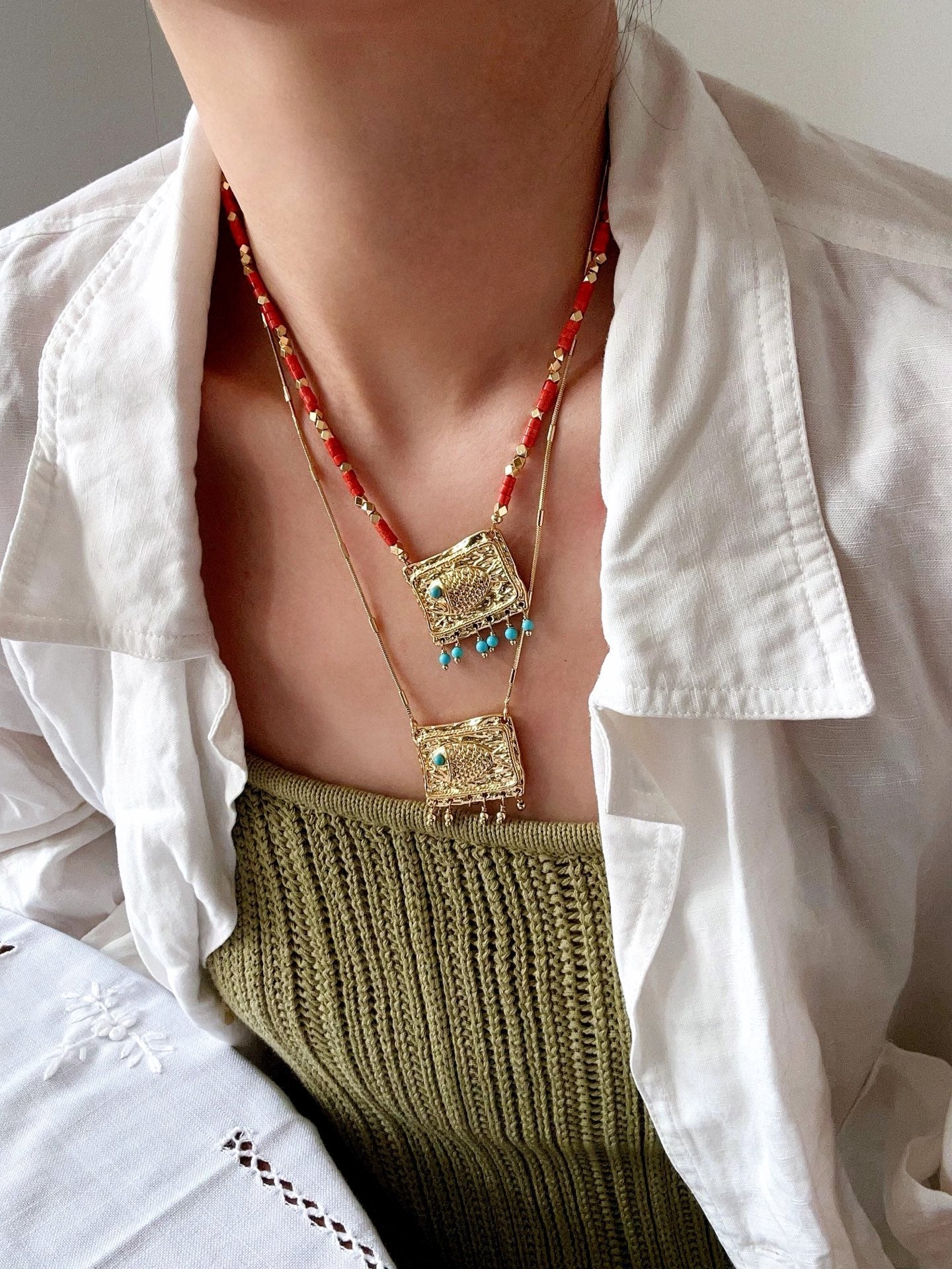 Bohemian Red Beaded Fish Necklace - floysun