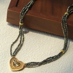 Boho Chic Gold Ore Bead Necklace with Sculpted Heart Pendant - floysun