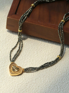 Boho Chic Gold Ore Bead Necklace with Sculpted Heart Pendant - floysun
