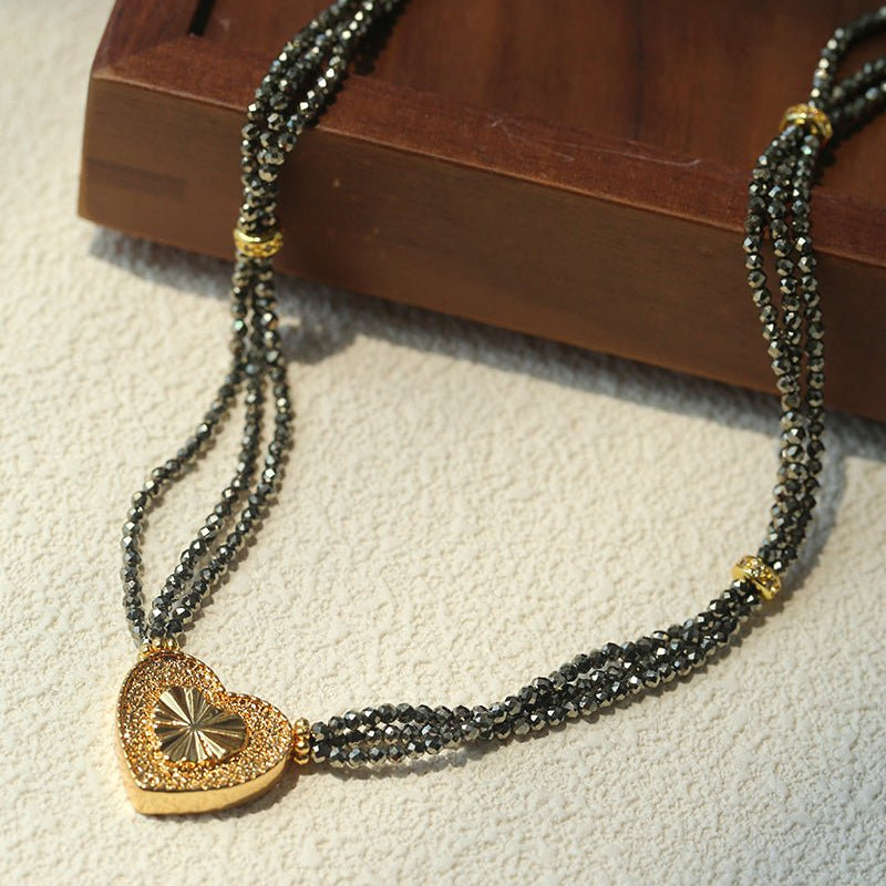 Boho Chic Gold Ore Bead Necklace with Sculpted Heart Pendant - floysun