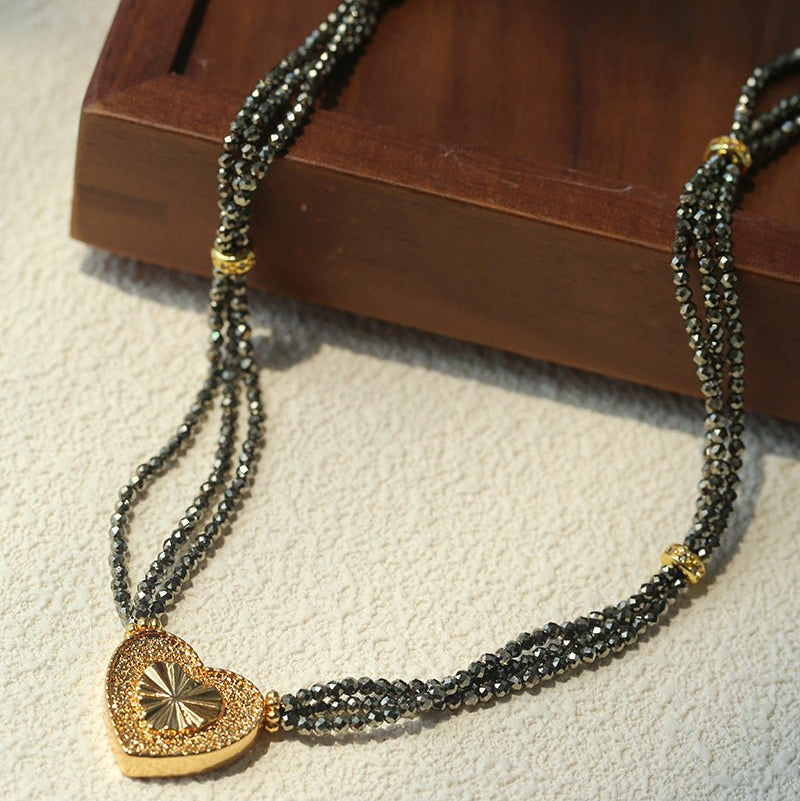 Boho Chic Gold Ore Bead Necklace with Sculpted Heart Pendant - floysun