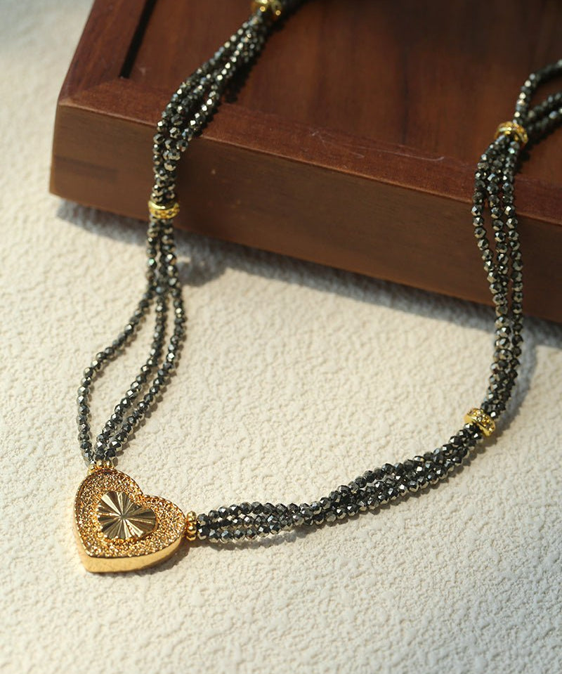 Boho Chic Gold Ore Bead Necklace with Sculpted Heart Pendant - floysun