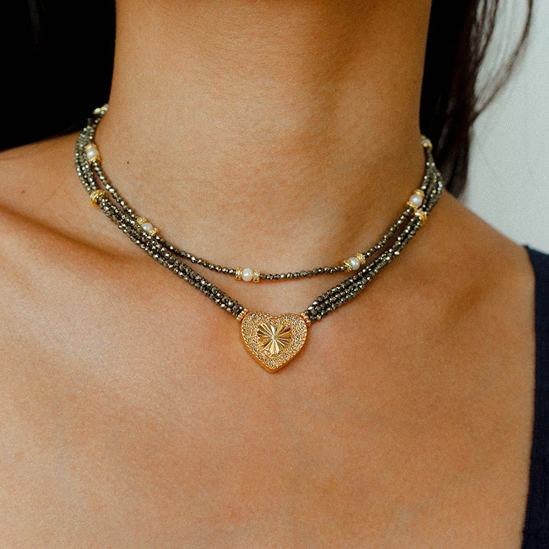 Boho Chic Gold Ore Bead Necklace with Sculpted Heart Pendant - floysun