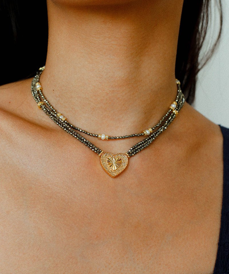 Boho Chic Gold Ore Bead Necklace with Sculpted Heart Pendant - floysun