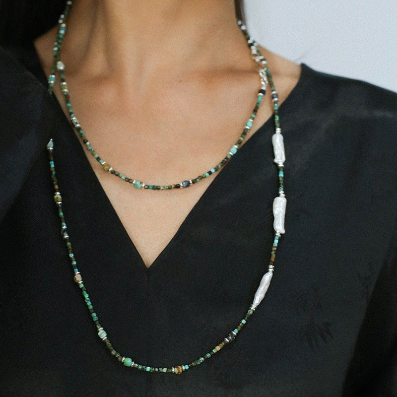 Boho Muse Long Turquoise & Baroque Pearl Beaded Necklace - floysun