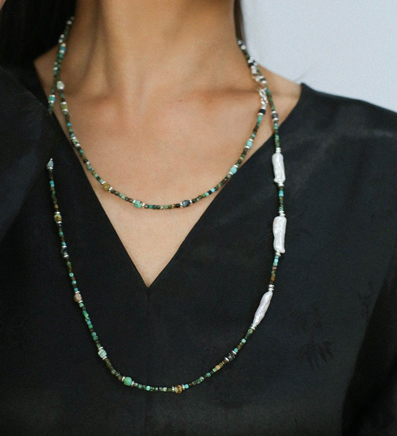Boho Muse Long Turquoise & Baroque Pearl Beaded Necklace - floysun