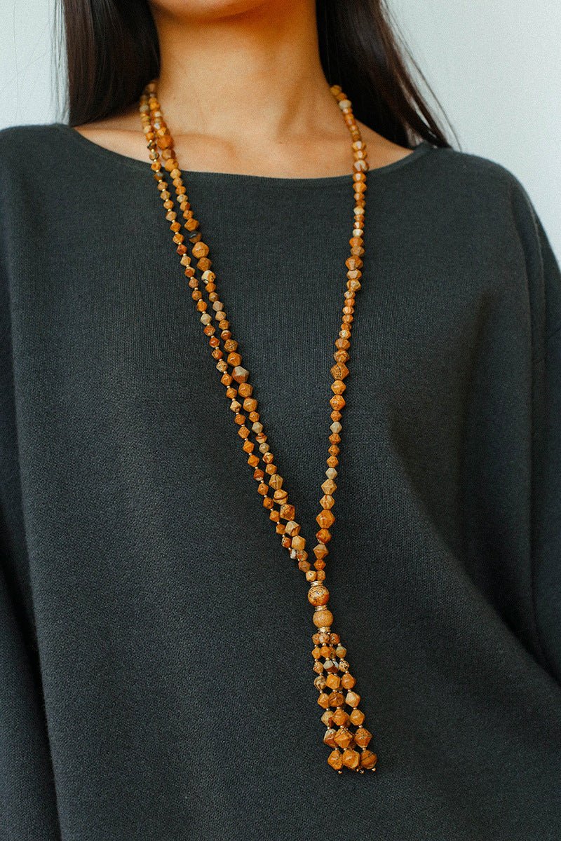 Boho Natural Picture Jasper Tassel Pendant Necklace - floysun