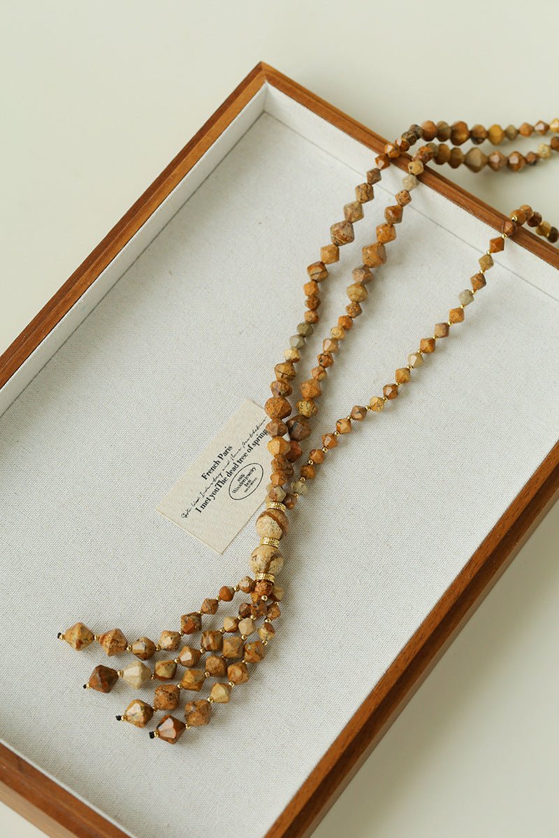 Boho Natural Picture Jasper Tassel Pendant Necklace - floysun