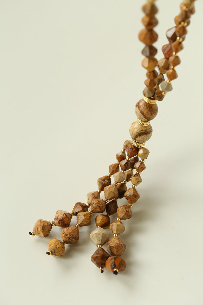 Boho Natural Picture Jasper Tassel Pendant Necklace - floysun