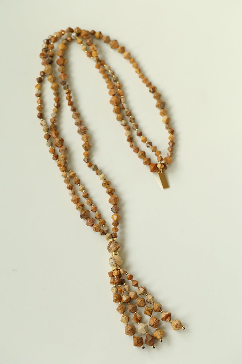 Boho Natural Picture Jasper Tassel Pendant Necklace - floysun