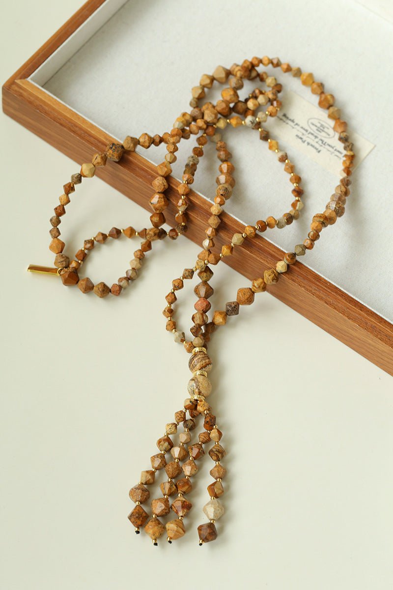 Boho Natural Picture Jasper Tassel Pendant Necklace - floysun