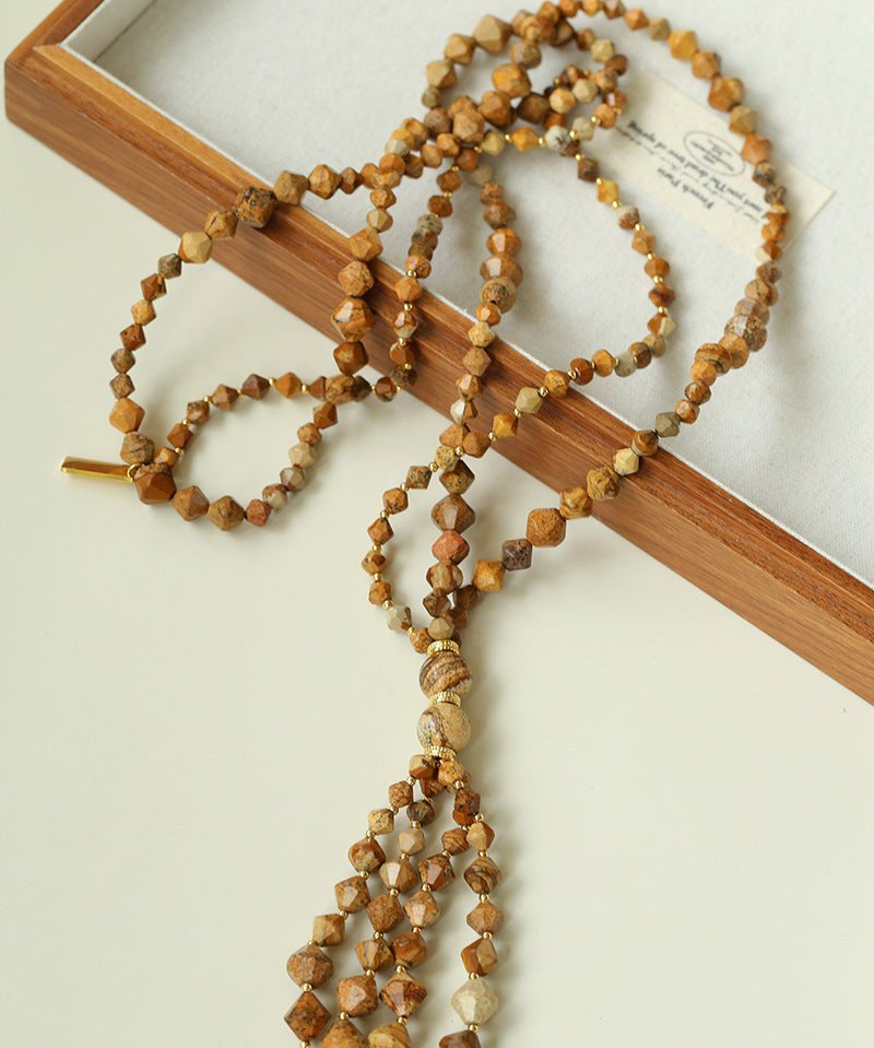 Boho Natural Picture Jasper Tassel Pendant Necklace - floysun