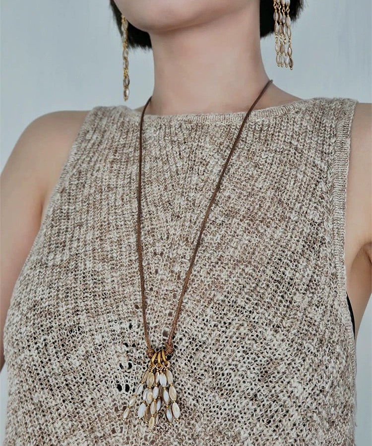Boho Style Natural Shell Tassel Pendant Necklace with Wax Cord Chain - floysun