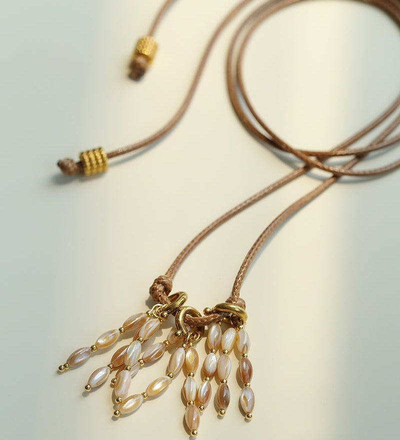 Boho Style Natural Shell Tassel Pendant Necklace with Wax Cord Chain - floysun
