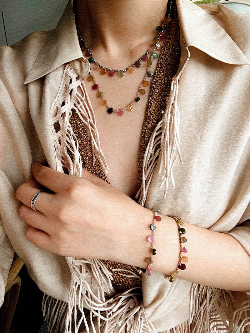 Boho Vintage Colorful Teardrop Natural Tourmaline Necklace - floysun
