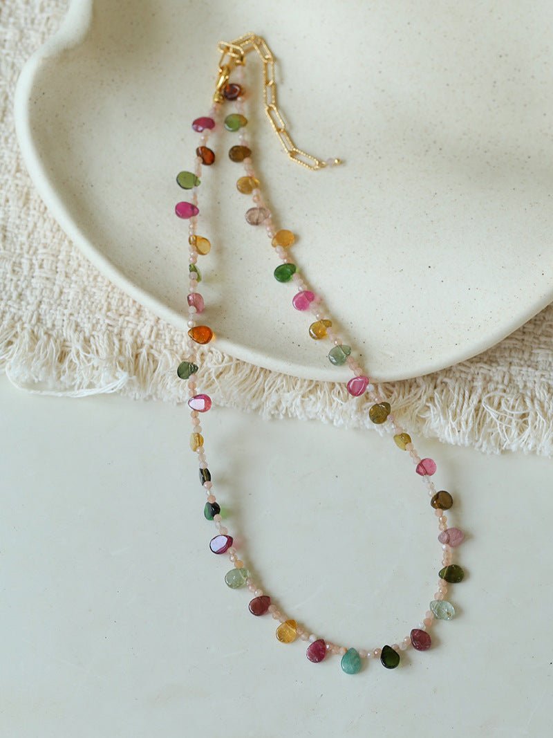 Boho Vintage Colorful Teardrop Natural Tourmaline Necklace - floysun