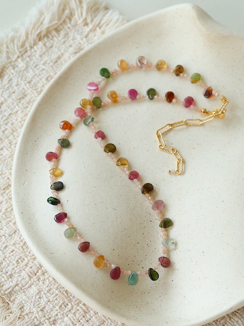 Boho Vintage Colorful Teardrop Natural Tourmaline Necklace - floysun