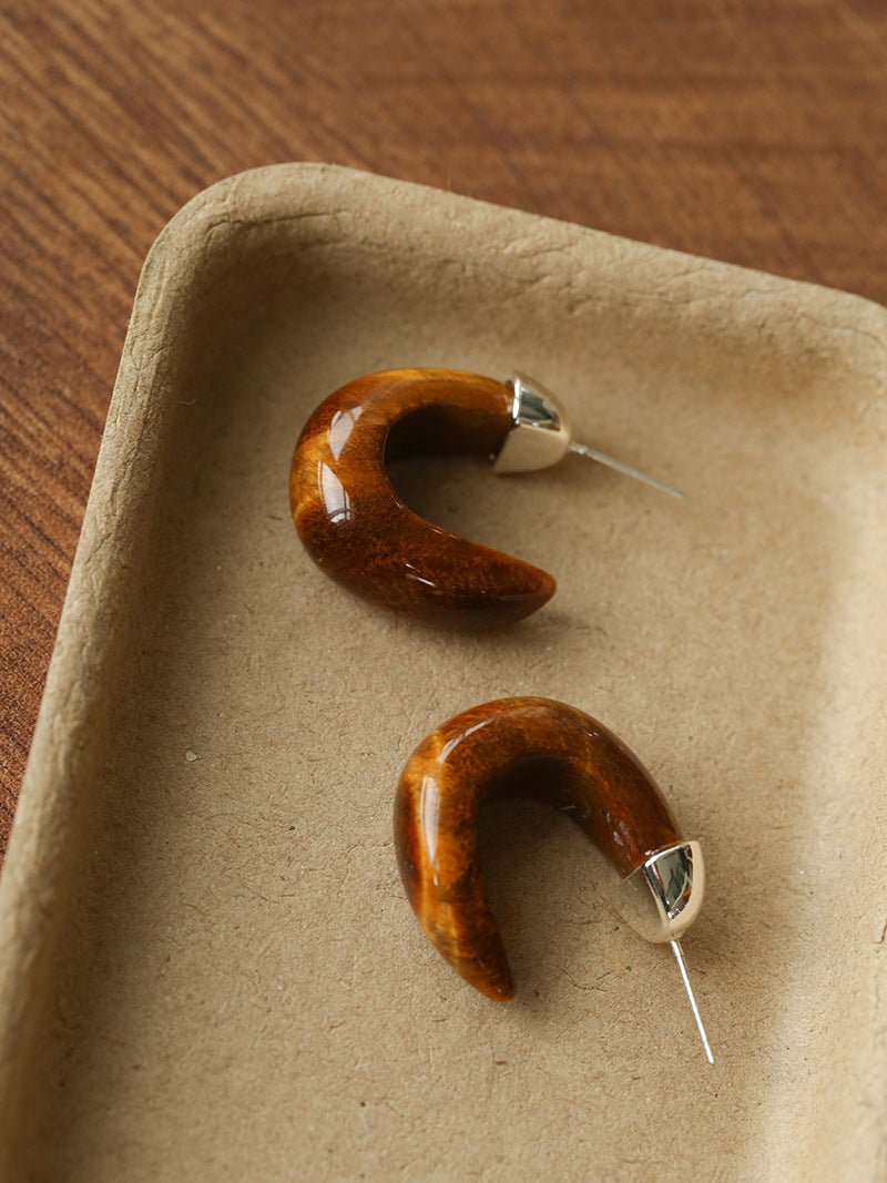 Bold Arc – Natural Stone C - Hoop Earrings in Black Onyx, Tiger’s Eye & Red Stone - floysun