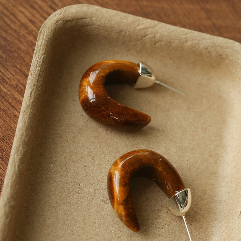 Bold Arc – Natural Stone C - Hoop Earrings in Black Onyx, Tiger’s Eye & Red Stone - floysun