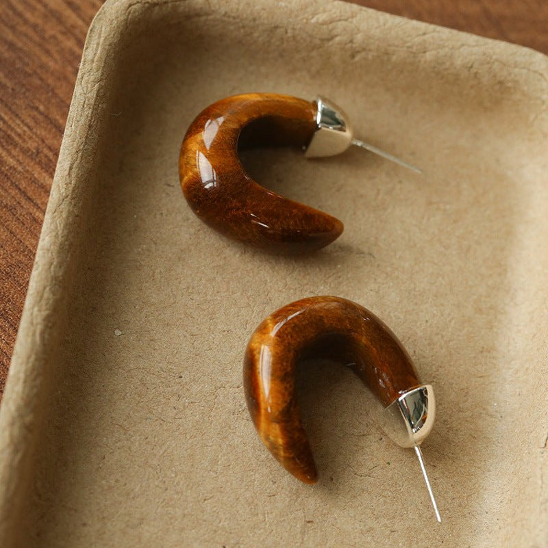 Bold Arc – Natural Stone C - Hoop Earrings in Black Onyx, Tiger’s Eye & Red Stone - floysun
