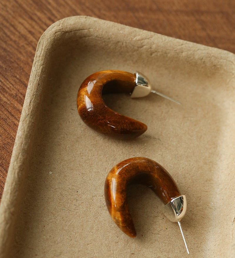 Bold Arc – Natural Stone C - Hoop Earrings in Black Onyx, Tiger’s Eye & Red Stone - floysun
