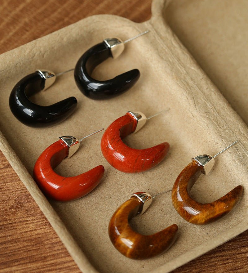 Bold Arc – Natural Stone C - Hoop Earrings in Black Onyx, Tiger’s Eye & Red Stone - floysun