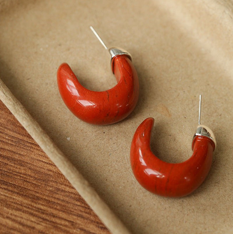 Bold Arc – Natural Stone C - Hoop Earrings in Black Onyx, Tiger’s Eye & Red Stone - floysun