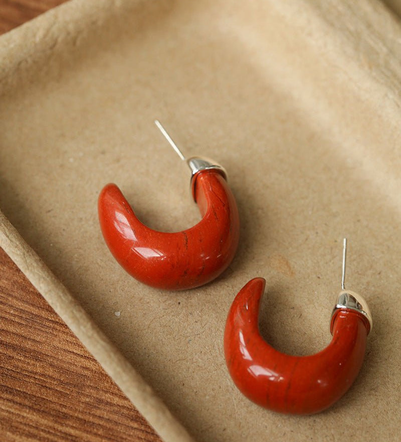 Bold Arc – Natural Stone C - Hoop Earrings in Black Onyx, Tiger’s Eye & Red Stone - floysun