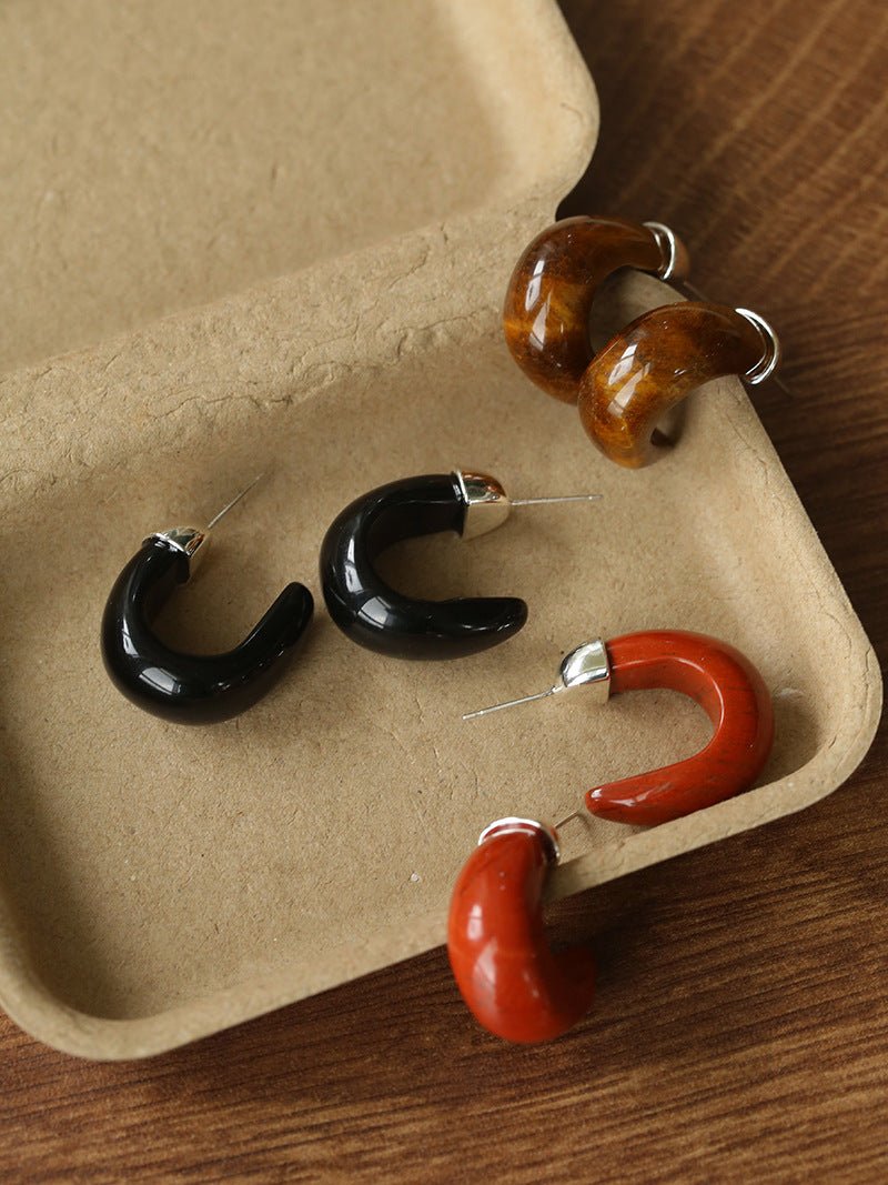 Bold Arc – Natural Stone C - Hoop Earrings in Black Onyx, Tiger’s Eye & Red Stone - floysun