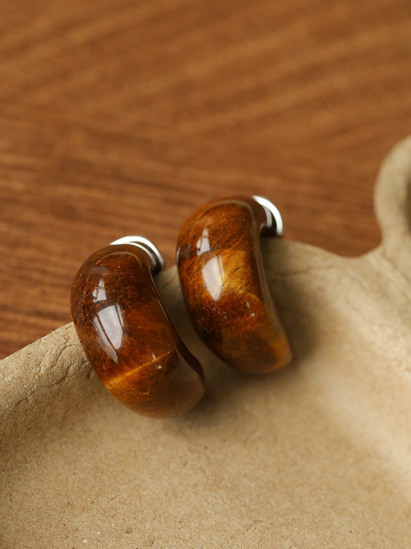 Bold Arc – Natural Stone C - Hoop Earrings in Black Onyx, Tiger’s Eye & Red Stone - floysun