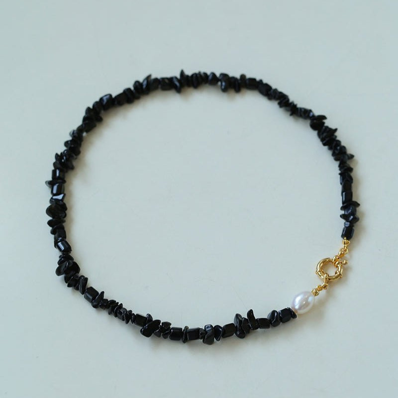 Brilliant Black Onyx Crushed Stone and Pearl Necklace - floysun