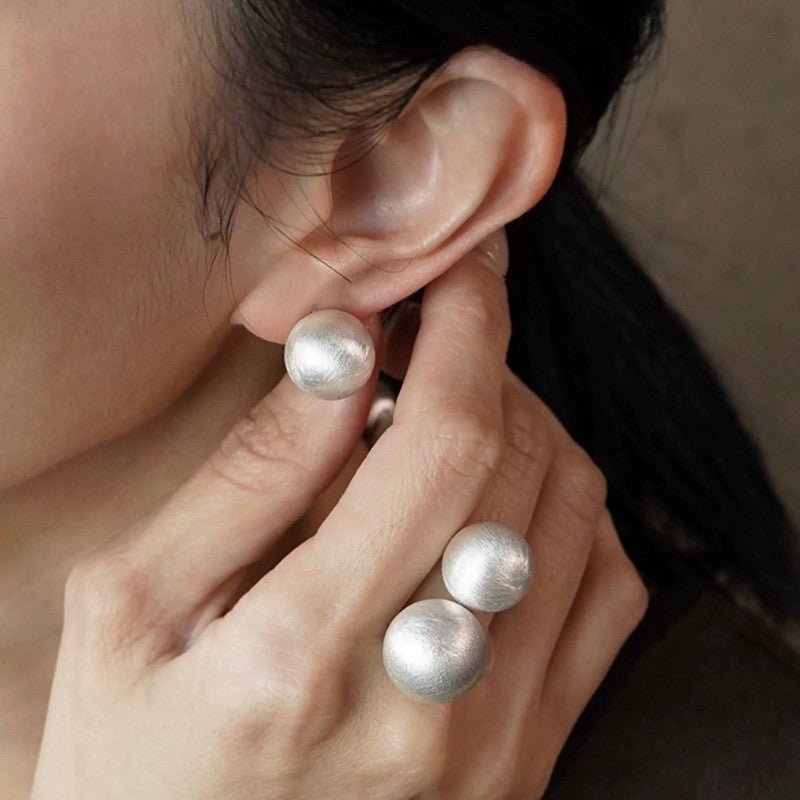 Brushed Matte Sphere Stud Earrings in 925 Sterling Silver - floysun