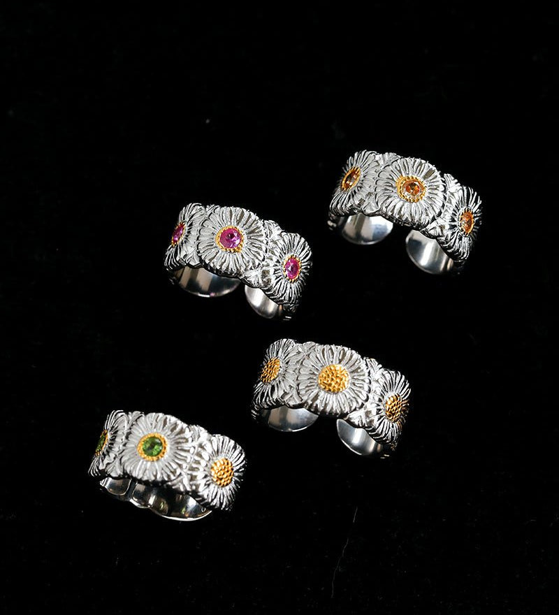 Buccellati - Inspired Daisy Open Ring 925 Silver with Colorful Zircon - floysun
