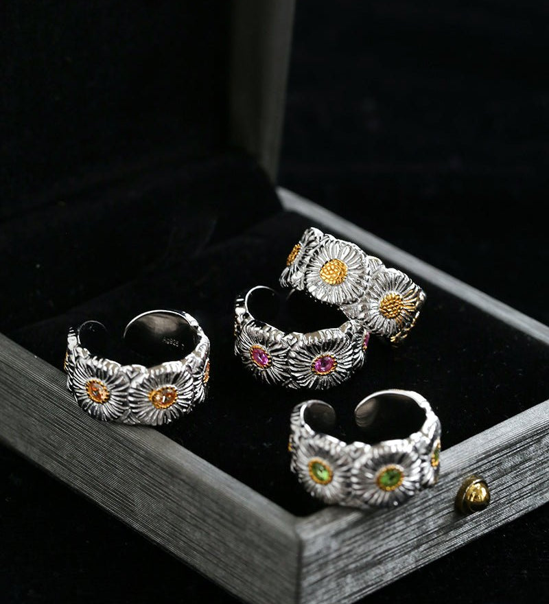 Buccellati - Inspired Daisy Open Ring 925 Silver with Colorful Zircon - floysun