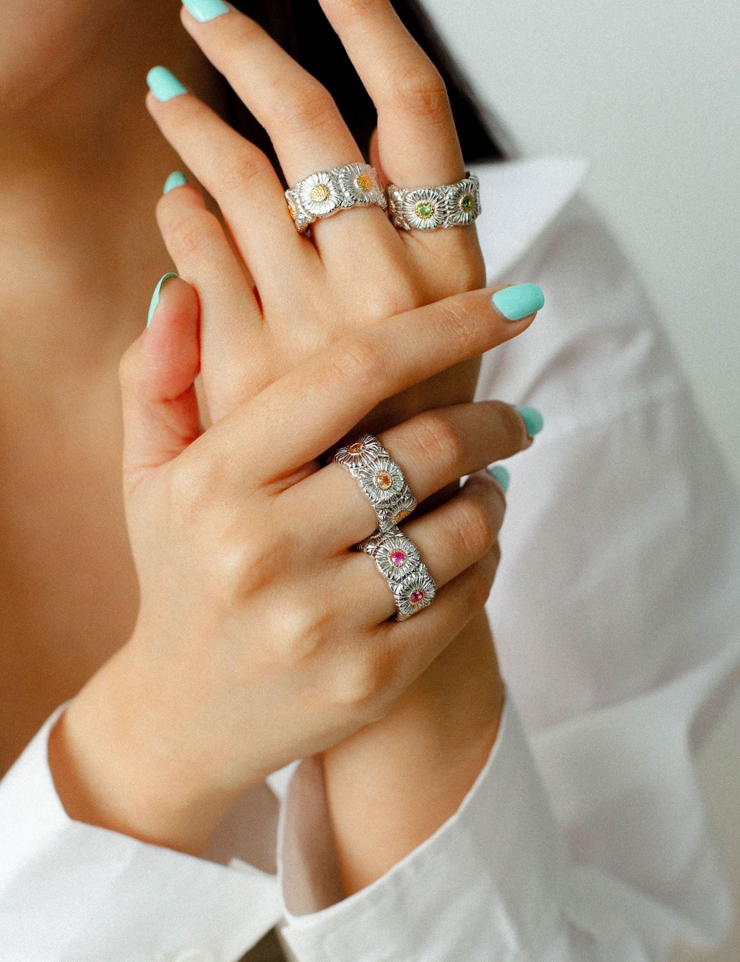 Buccellati - Inspired Daisy Open Ring 925 Silver with Colorful Zircon - floysun