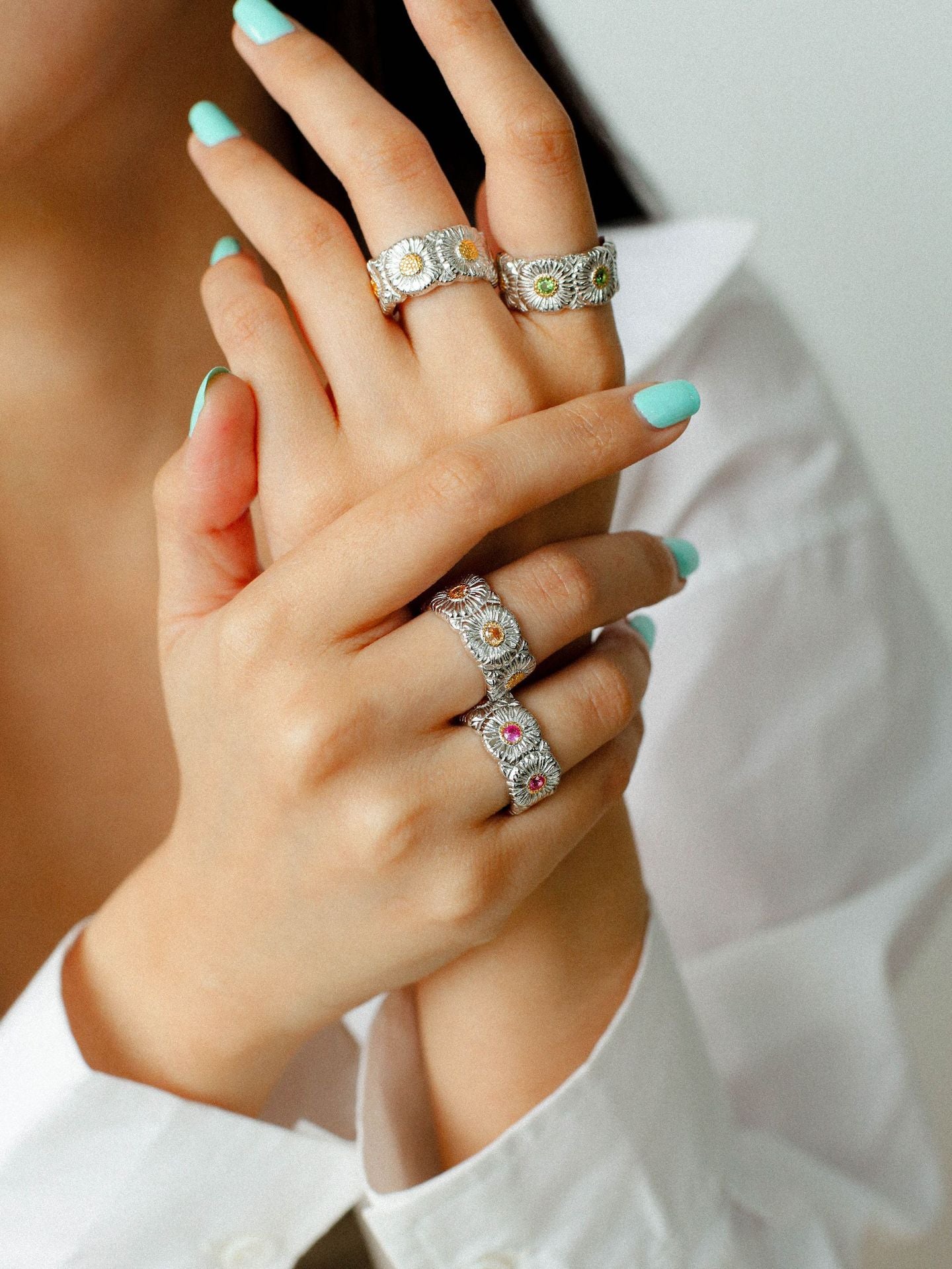 Buccellati - Inspired Daisy Open Ring 925 Silver with Colorful Zircon - floysun