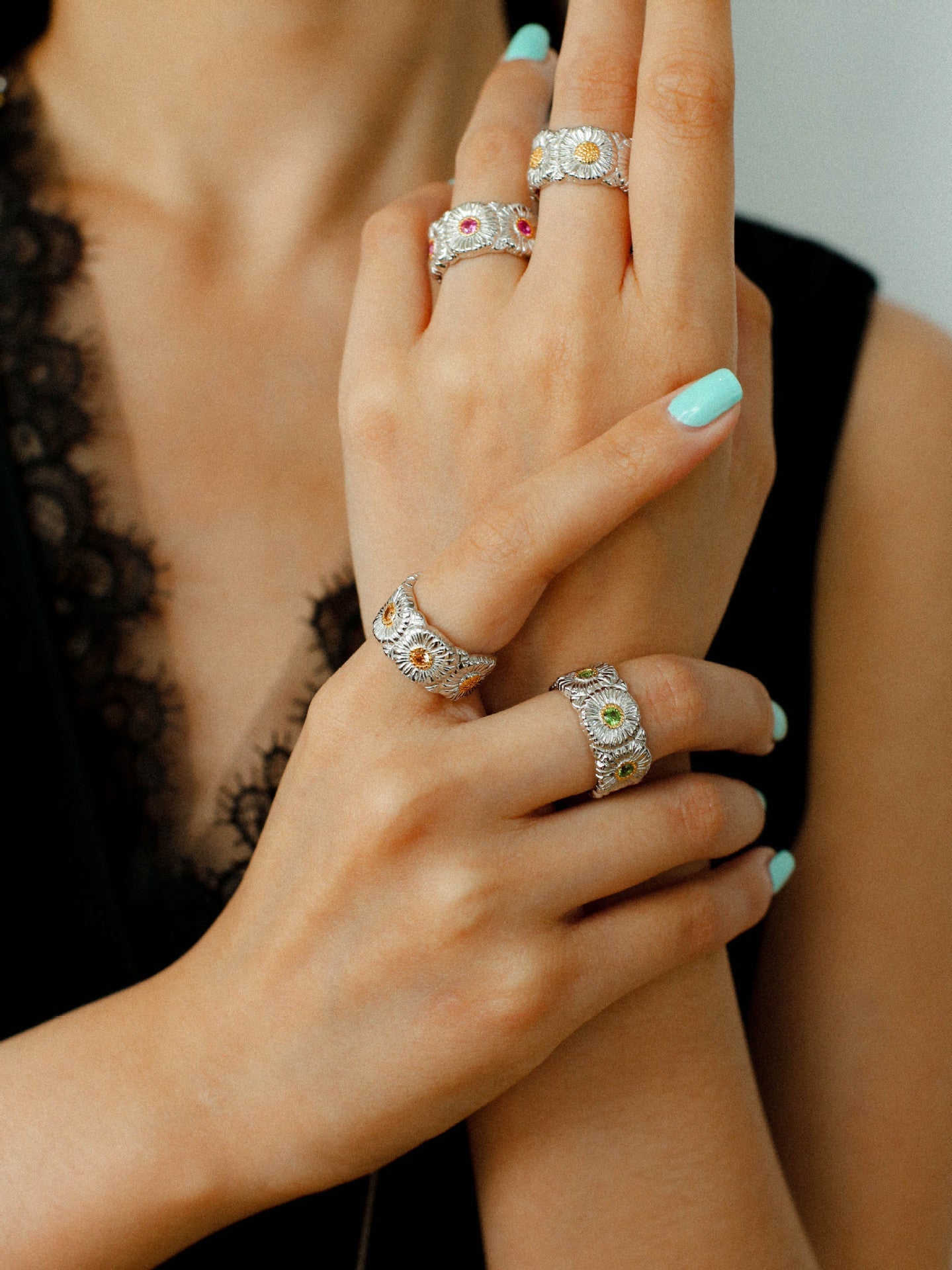 Buccellati - Inspired Daisy Open Ring 925 Silver with Colorful Zircon - floysun