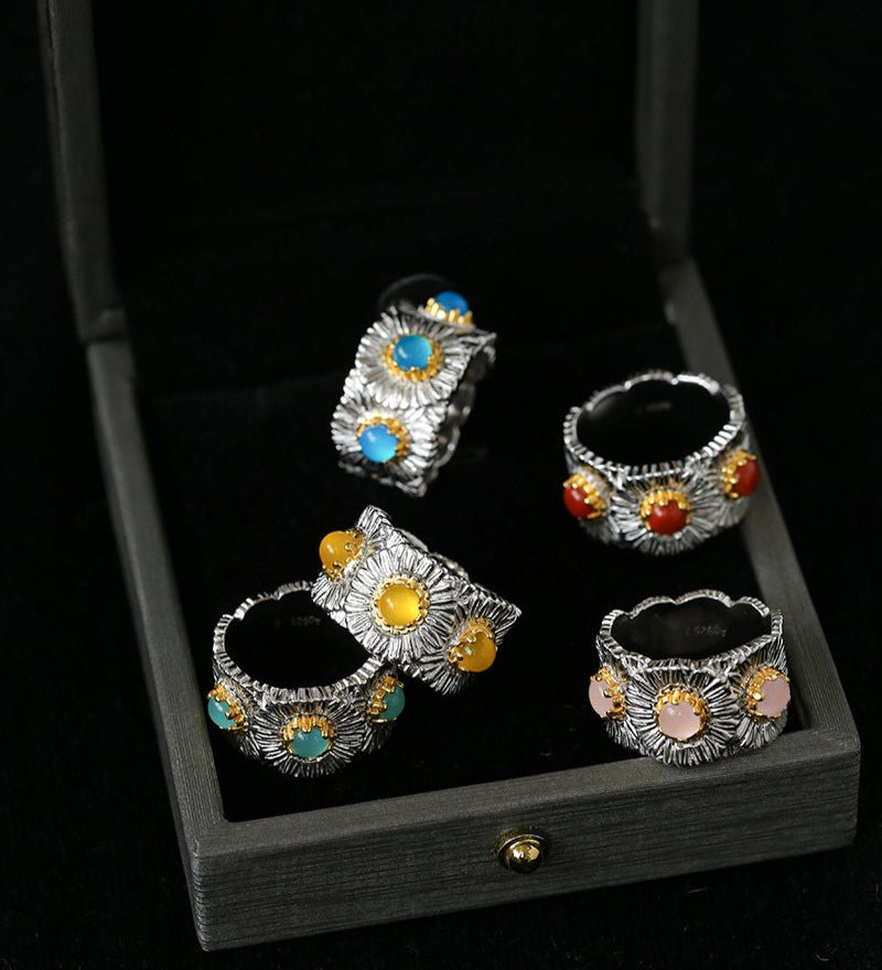 Buccellati - Inspired Daisy Ring 925 Silver Natural Gemstone Wide Band - floysun