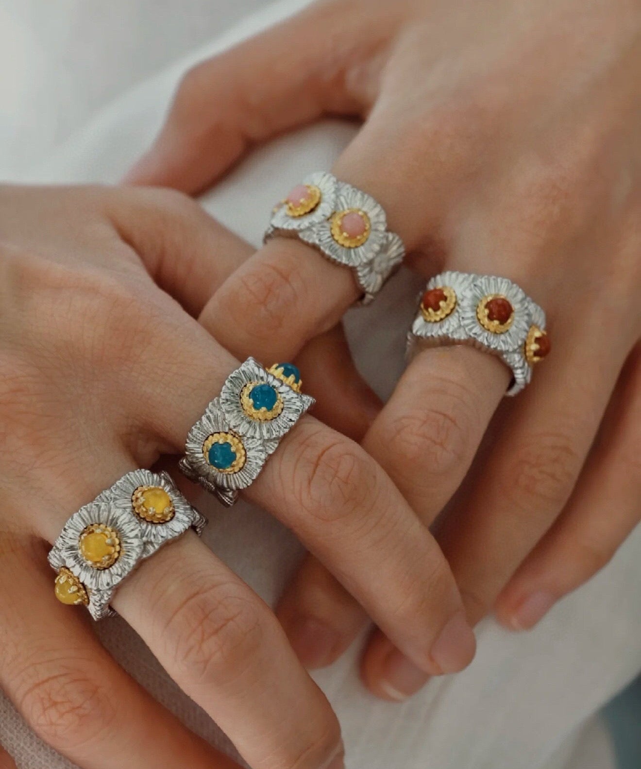 Buccellati - Inspired Daisy Ring 925 Silver Natural Gemstone Wide Band - floysun