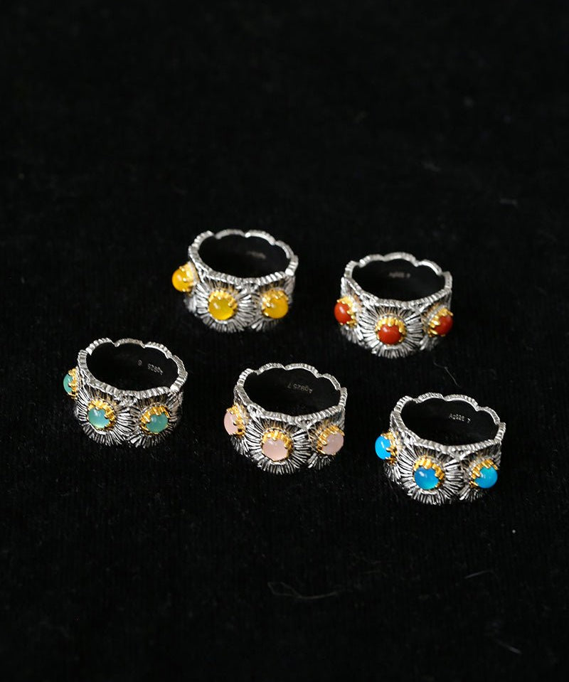 Buccellati - Inspired Daisy Ring 925 Silver Natural Gemstone Wide Band - floysun